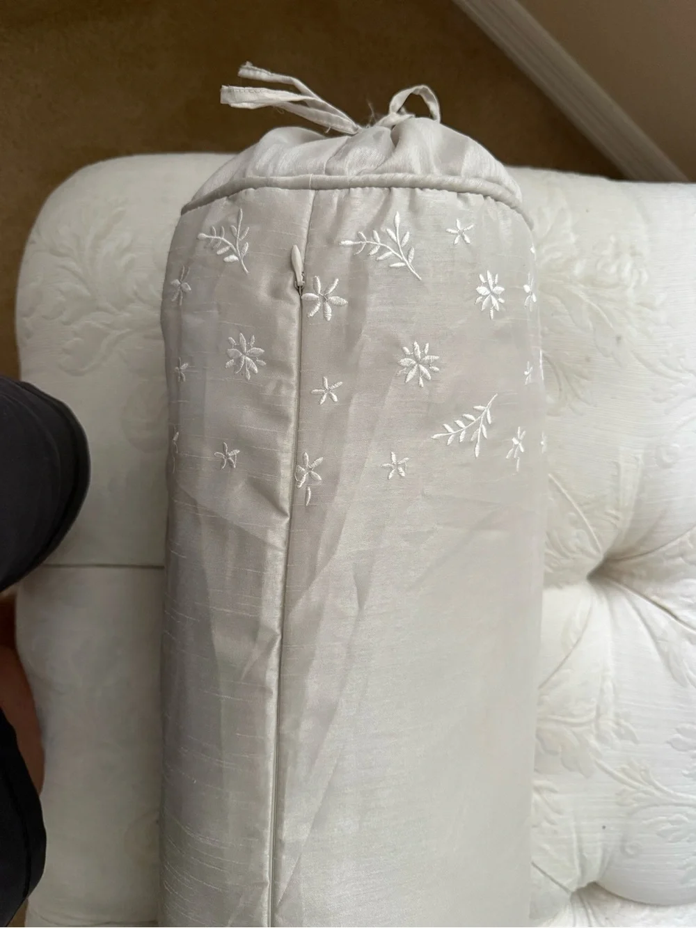 Embroidered Decorative Bolster Pillow - Cream